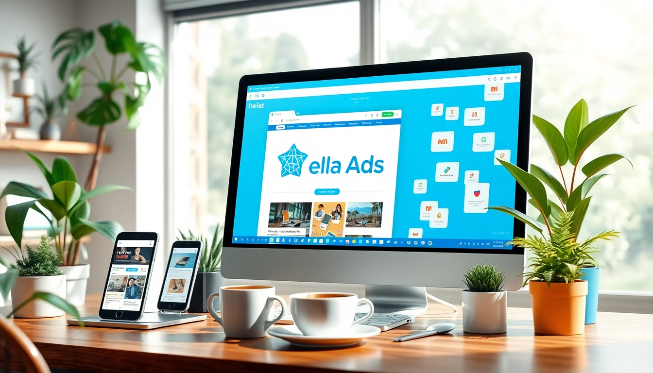 Vibrant depiction of Hela Ads online platform showcasing colorful advertisements on a modern desktop.