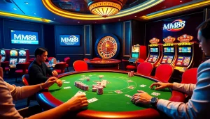 Experience thrilling online gambling at https://mm88.forex/ with a vibrant poker table and spinning roulette wheel.