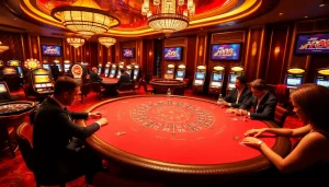 Players enjoy an exciting game of poker at RR88's luxurious casino with vibrant elements and a thrilling atmosphere.