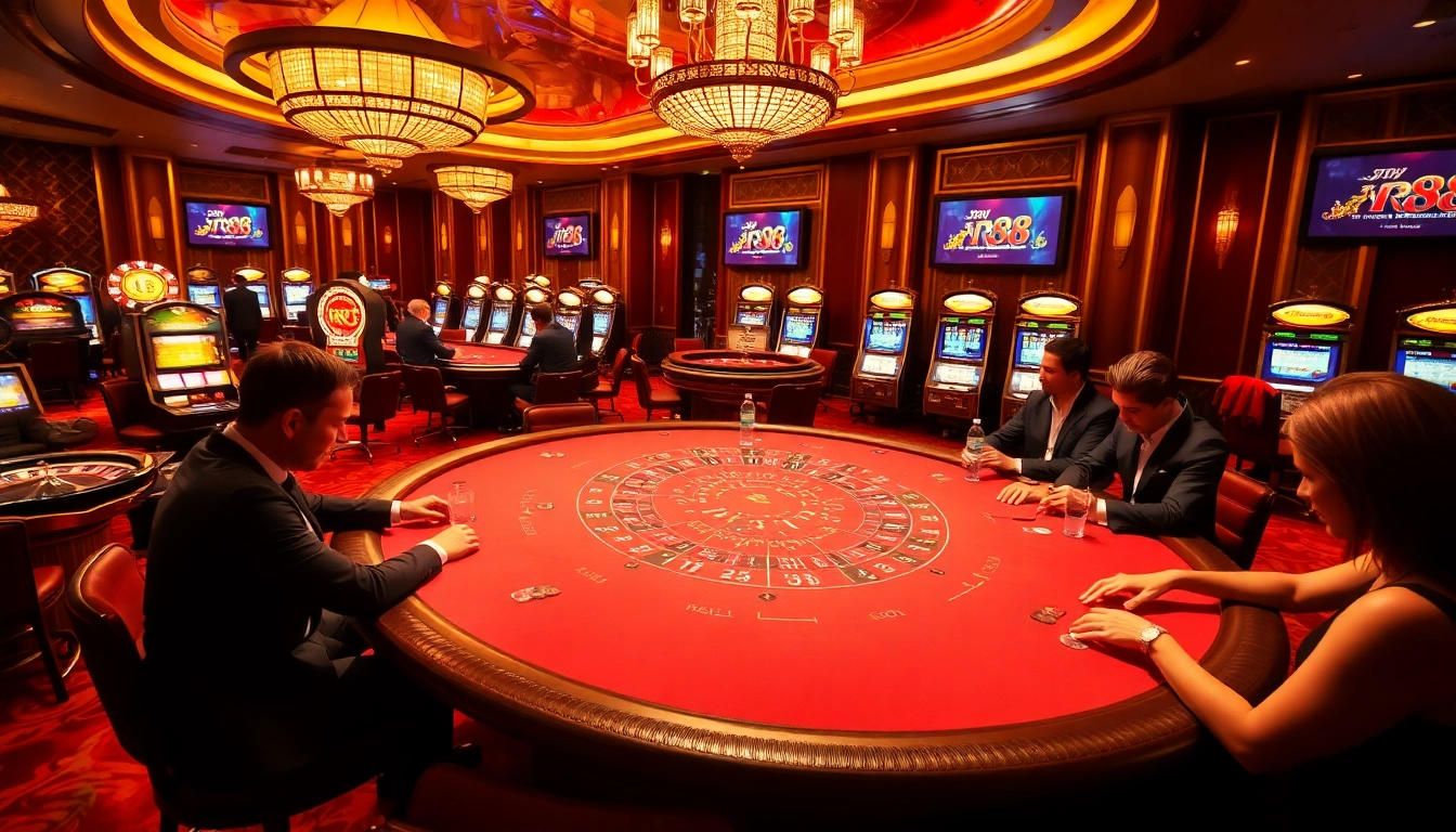 Players enjoy an exciting game of poker at RR88's luxurious casino with vibrant elements and a thrilling atmosphere.