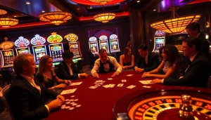 Engaging high-stakes poker action illustrating excitement at https://kingarthurcafe.com/menu with colorful chips and vibrant casino atmosphere.