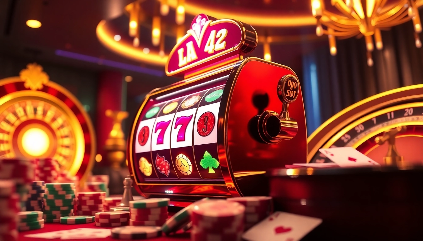 Play the exciting doaslot slot machine amidst vibrant casino lights and thrilling ambiance.