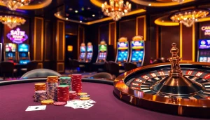 Visual representation of sky88 bị sập highlighting a luxurious casino with poker tables and slot machines in an elegant setting.