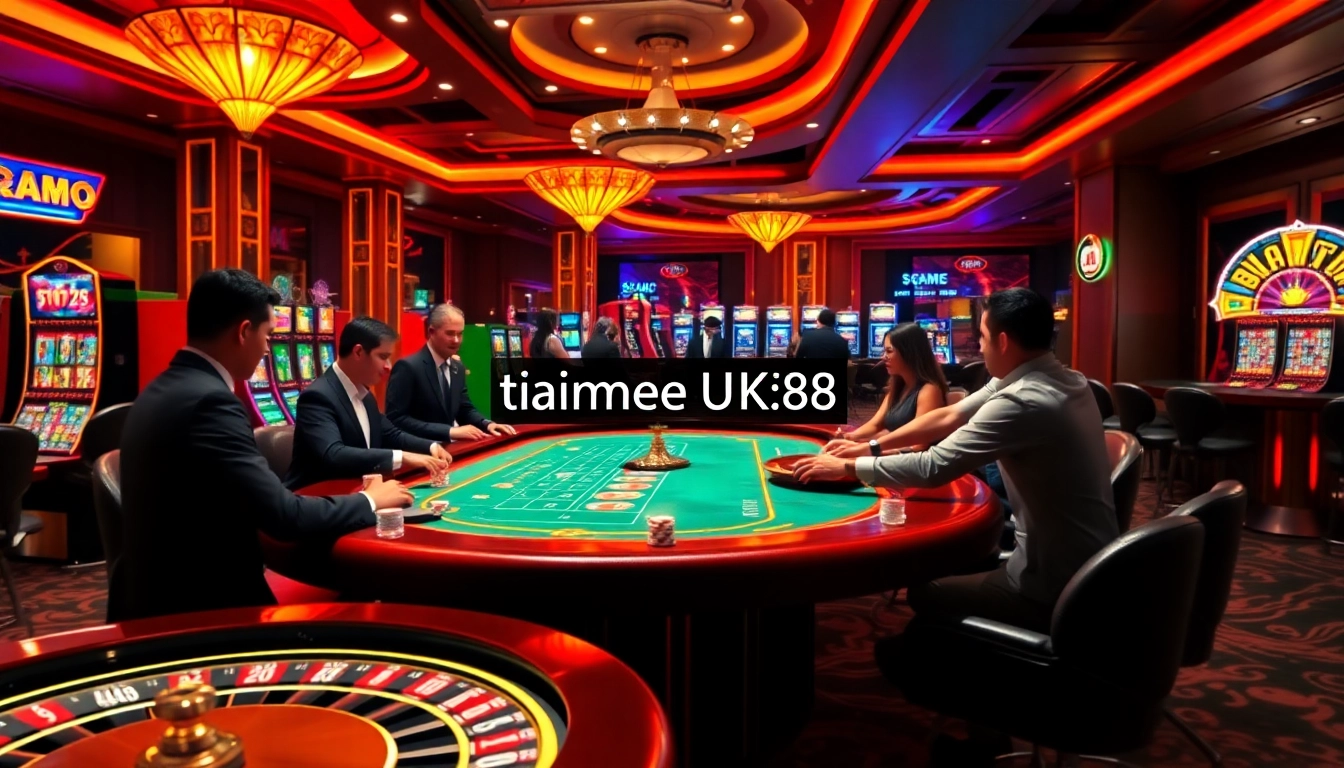 Tải game uk88 at a vibrant casino with dealers and slot machines, showcasing an exciting gambling environment.