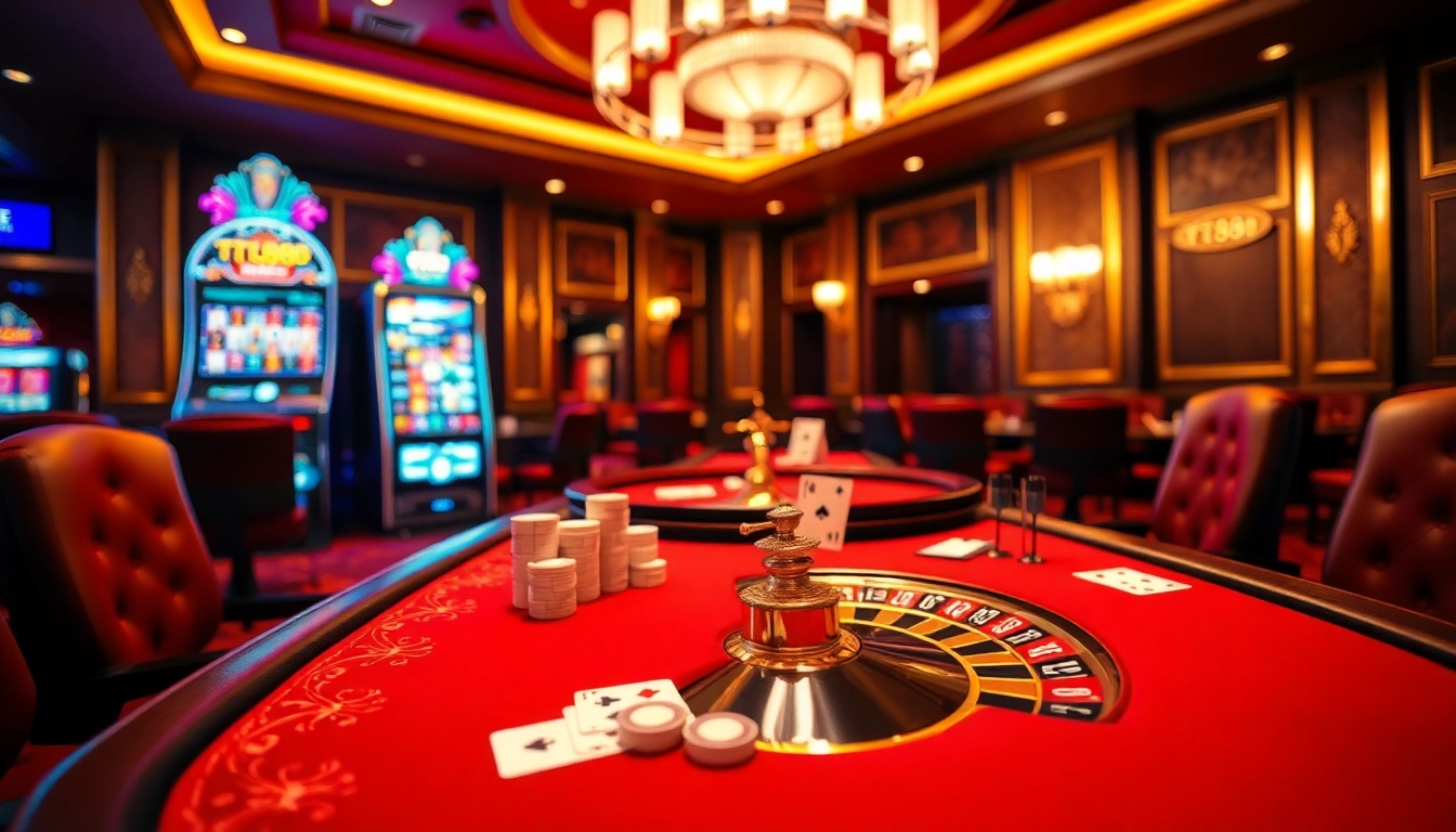 Experience thrilling games at TT88's luxurious casino with vibrant slot machines and poker tables.