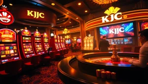 KJC ignites excitement at an opulent casino with vibrant slot machines and roulette tables.