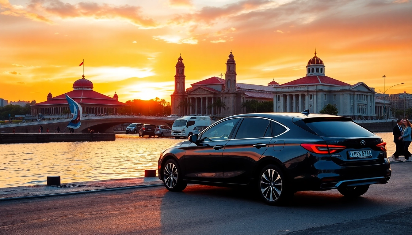 Kuching rent car near Sarawak River at sunset, showcasing vibrant local architecture.