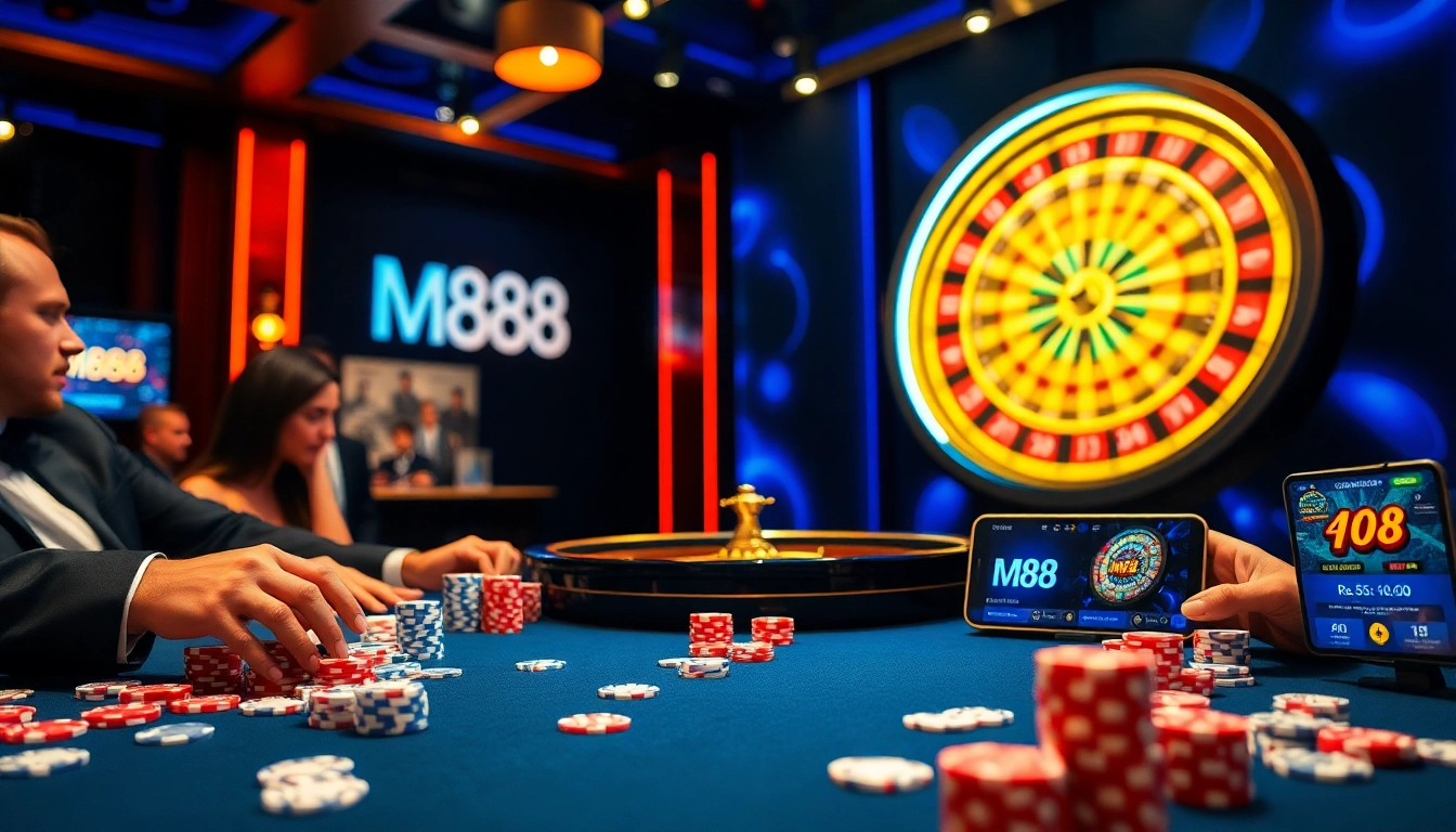 M88 highlights a thrilling casino scene with players at a poker table and vibrant gambling elements.