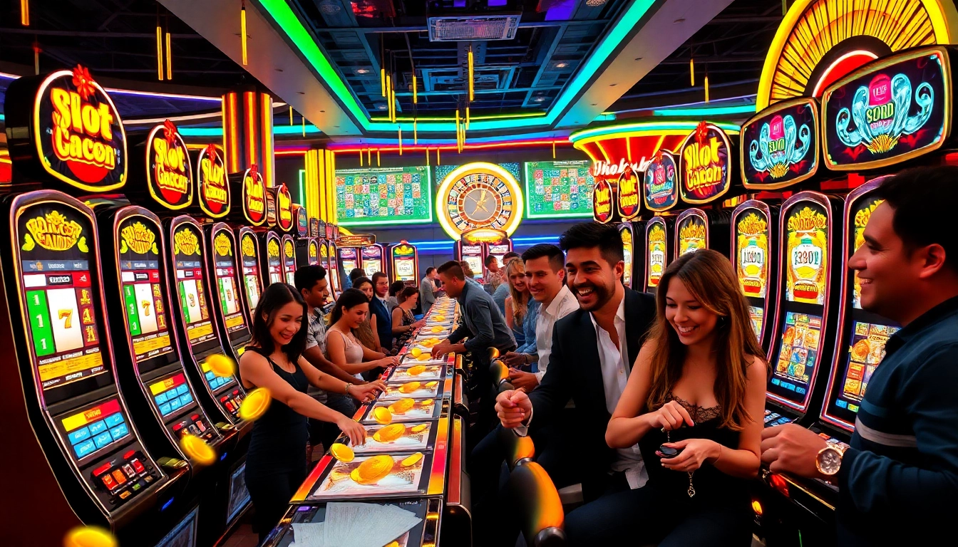 Engaged players enjoying Slot Gacor machines in a luxurious casino atmosphere.