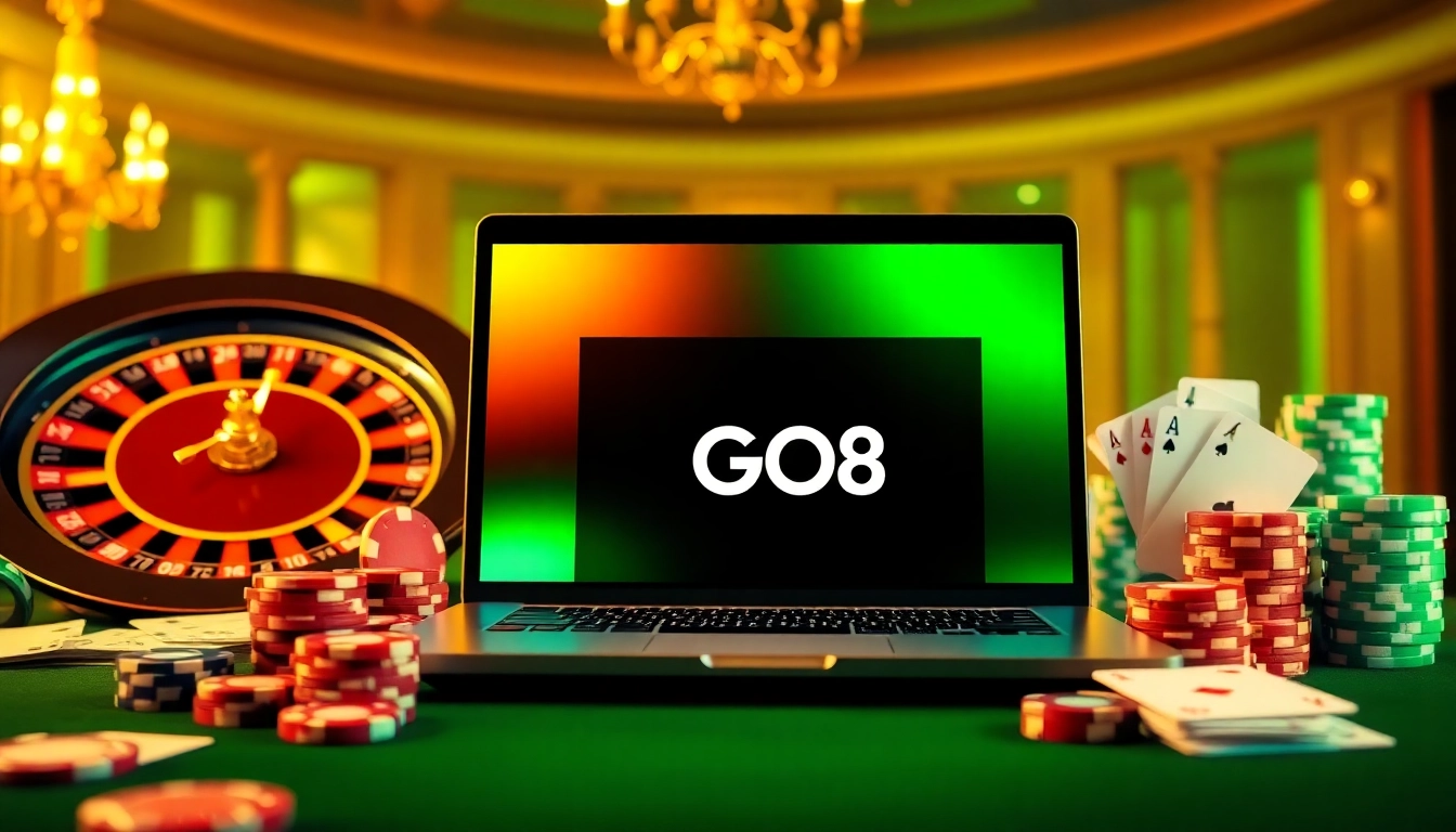 Engage in exciting online casino games at https://go8.bz/ with vibrant roulette wheels and poker chips.