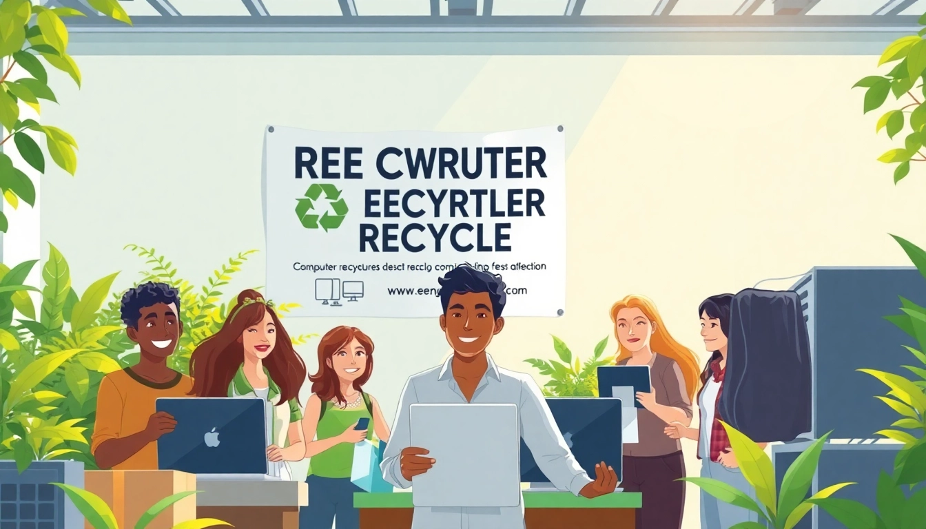 Engaging scene highlighting free computer recycling with individuals participating in an eco-friendly initiative.
