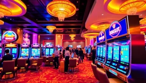 Excited players enjoying the doaslot slot machine in a vibrant casino.