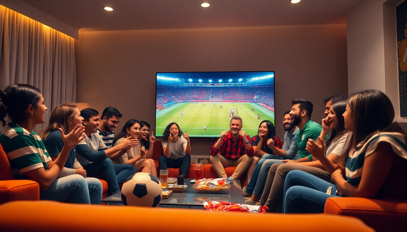 Excited football fans enjoying live matches on vaoluoi tv in a lively setting.