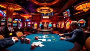 Experience high-stakes poker action at Kwin Casino with vibrant slot machines and professional ambiance.