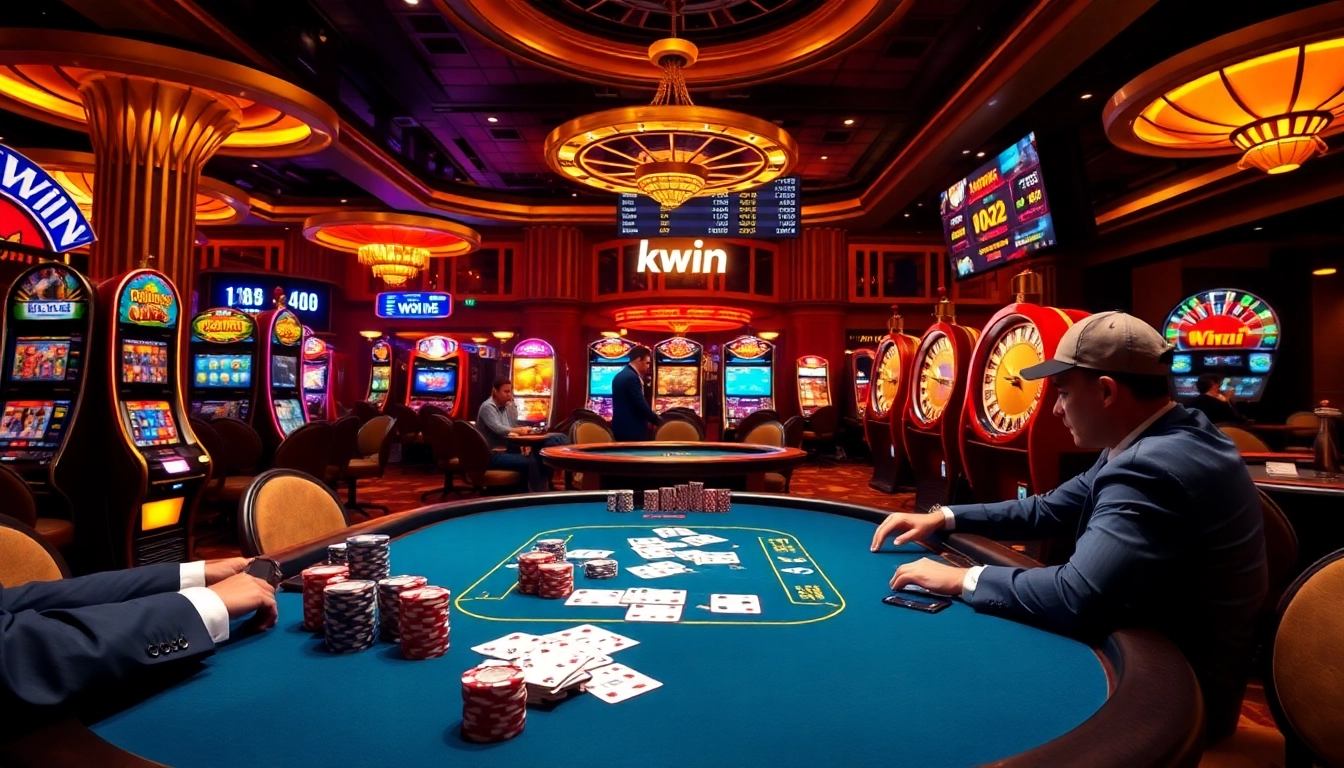 Experience high-stakes poker action at Kwin Casino with vibrant slot machines and professional ambiance.