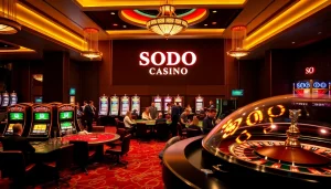 SODO Casino vibrant gaming scene with poker tables and slot machines for an engaging experience.