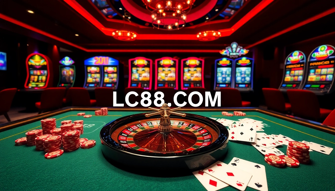 Winning at LC88.COM with an immersive casino atmosphere featuring vibrant games and luxurious decor.