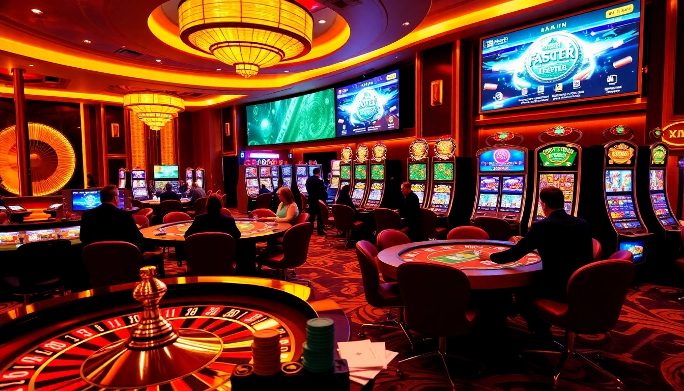 A thrilling casino scene showcasing poker, roulette, and slot machines at 1haywin.us.com.