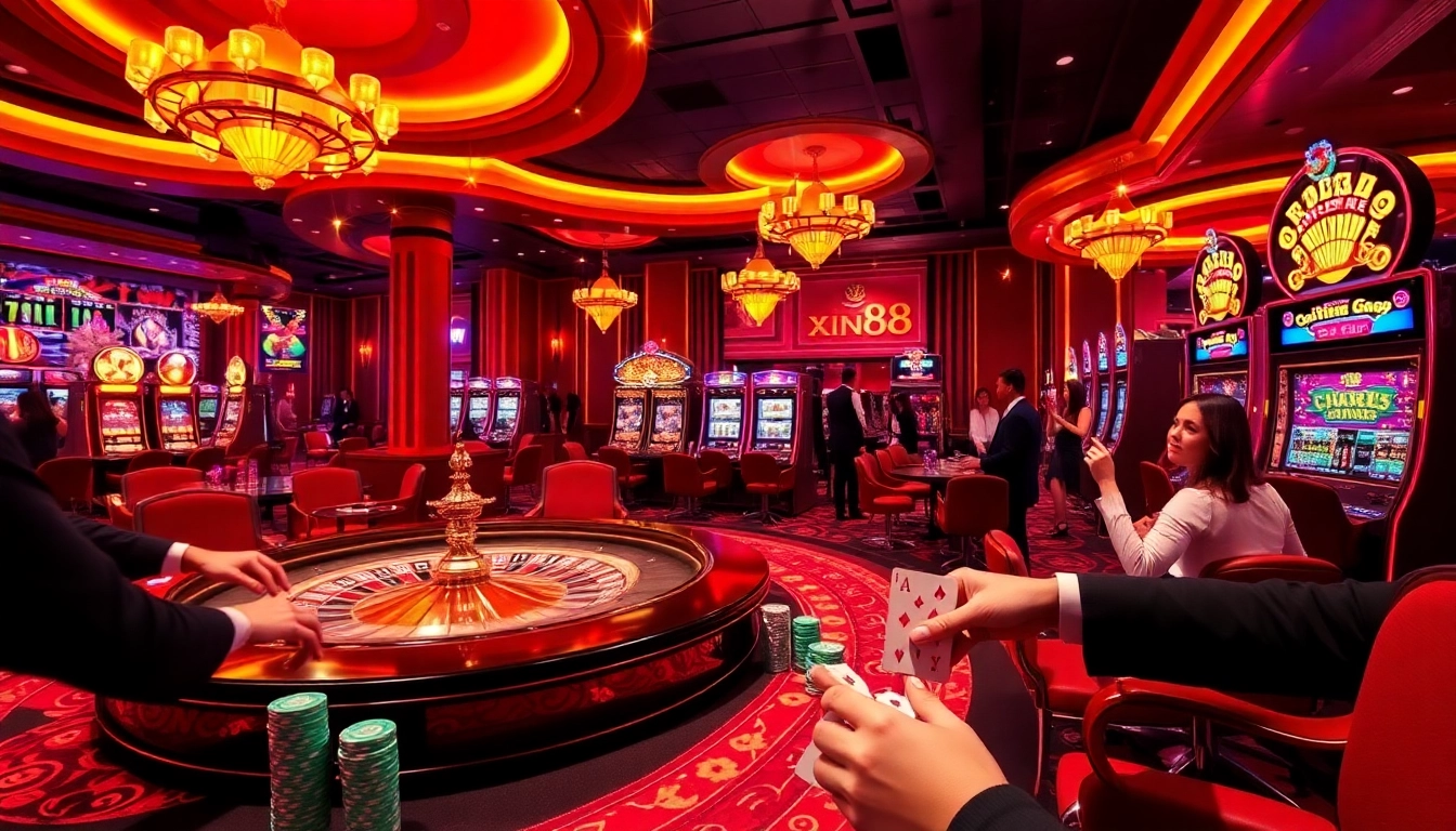 Experience excitement at xin88 as players enjoy poker, roulette, and slot machines in a luxurious casino setting.