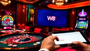 Experience the thrill of đăng ký w88 in a luxurious casino setting with vibrant gaming elements.