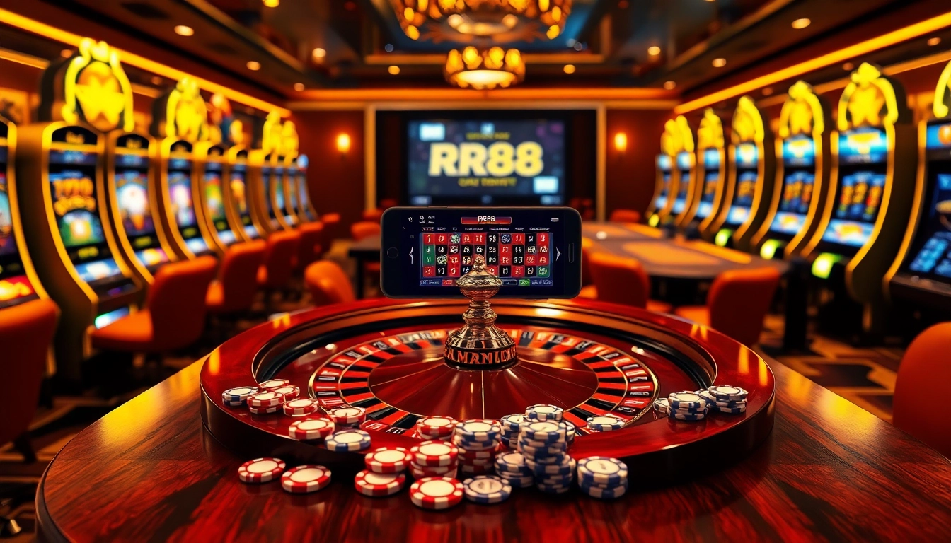 RR88 casino scene featuring roulette table, slot machines, and poker chips in an elegant setting.