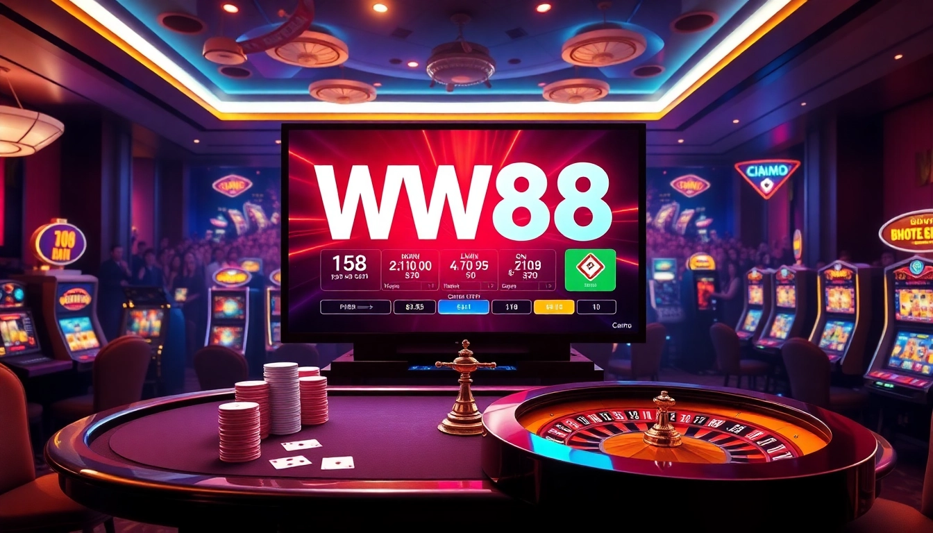 Gamblers enjoying the thrilling experience at WW88 Casino with illuminated slot machines and poker tables.