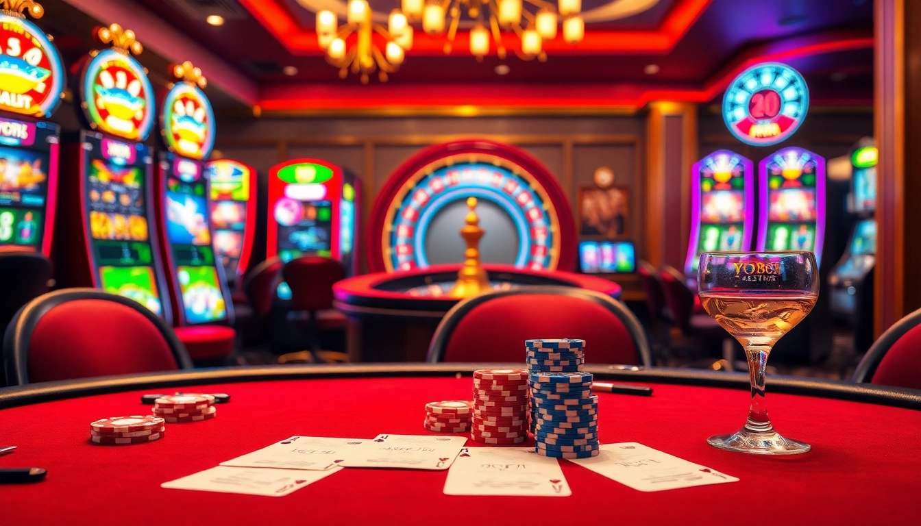 Experience the thrill of yo88 with vibrant casino tables filled with cards and colorful chips.