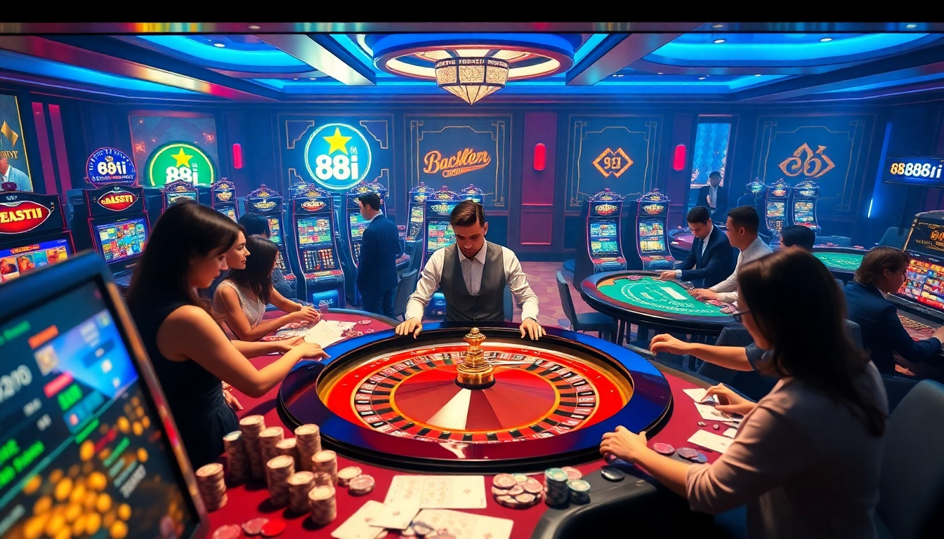 Players enjoy high-stakes games at an elegant 88i casino, with vibrant tables and thrilling action.