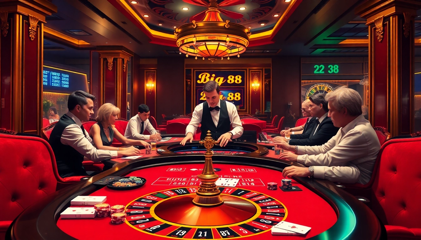 Gamblers at the Big 88 casino table, enjoying vibrant gameplay with chips and cards.