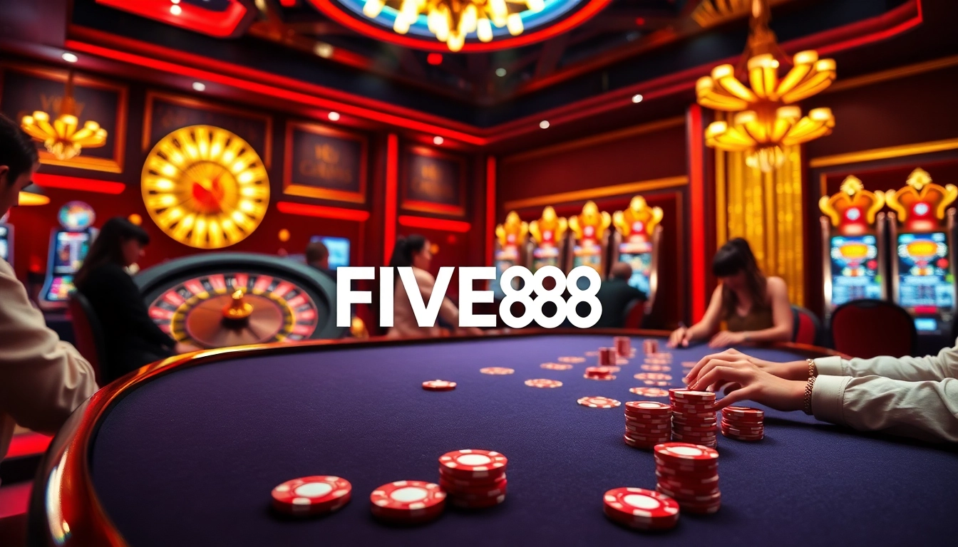 Players enjoying an exhilarating game at FIVE88 casino table with vibrant poker chips and roulette wheel