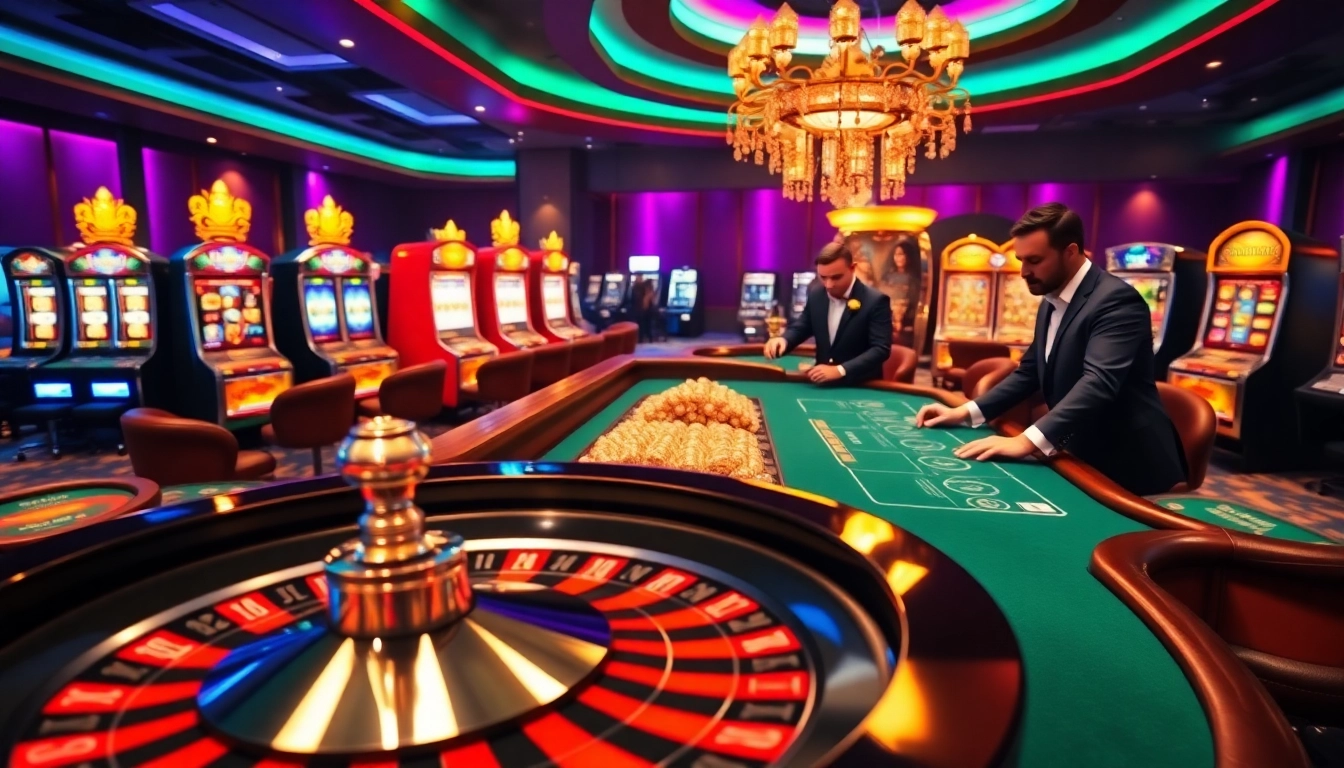 Homepage featuring vibrant casino action with roulette and slot machines for gamblers.