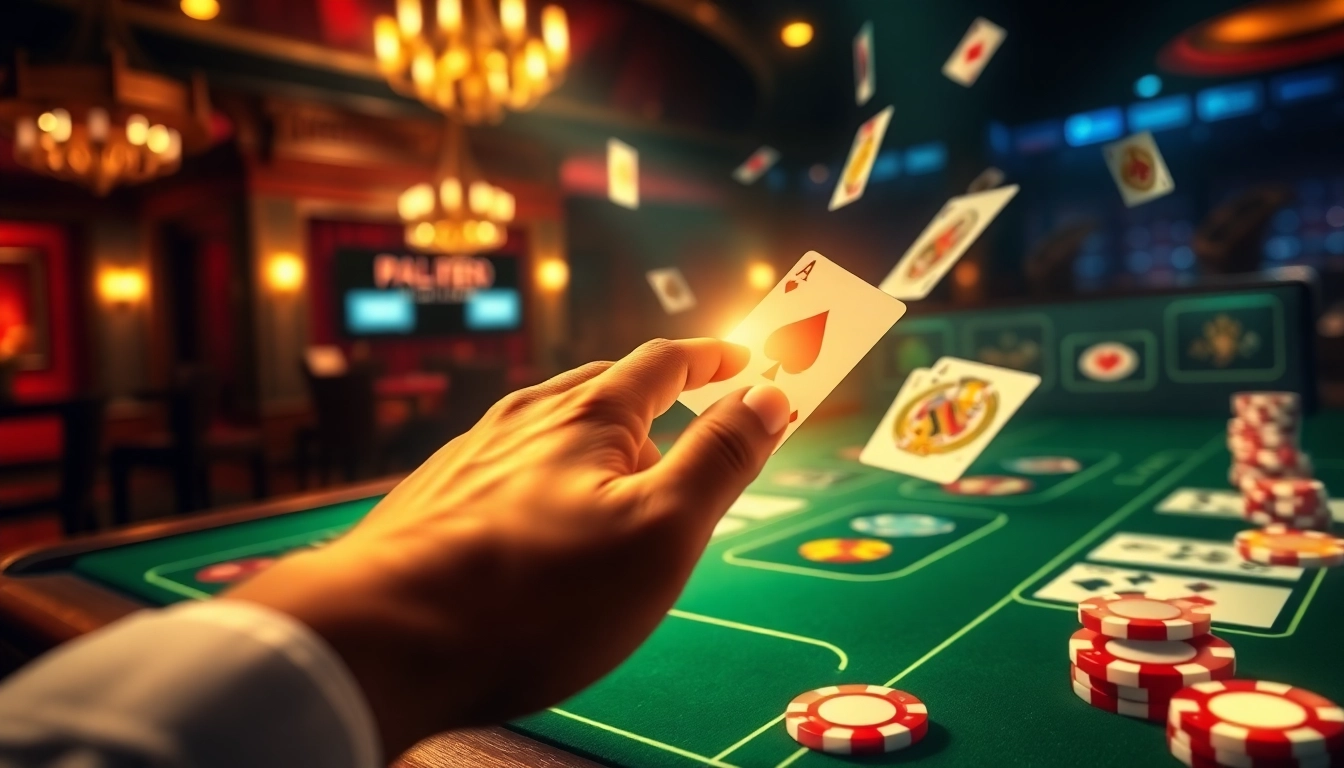 Exciting online gaming scene featuring gamebaidoithuong.com.vc with vibrant card games, chips, and immersive graphics.