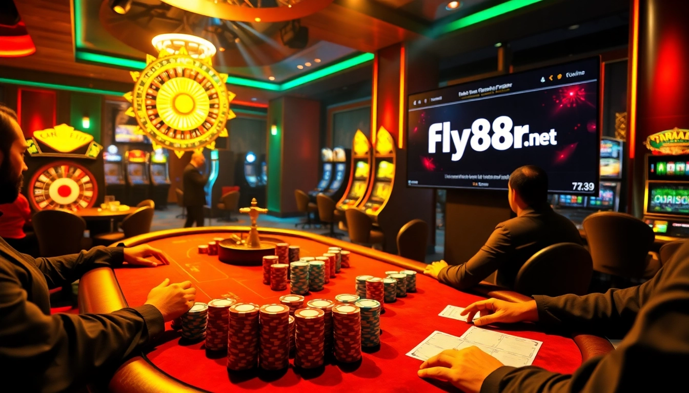 Experience the thrill of gaming at fly88r.net with vibrant poker tables and roulette wheels.