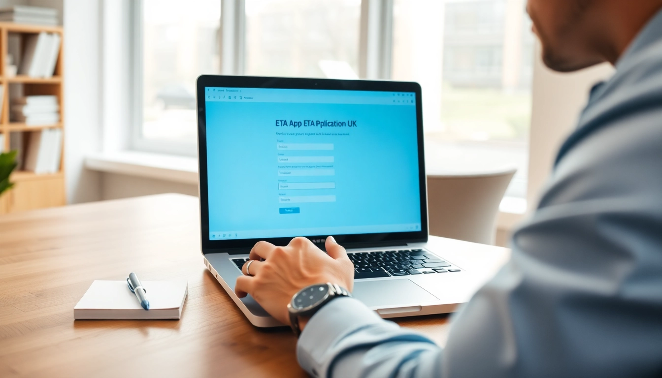 Filling out the eta application uk on a laptop at a modern workspace.