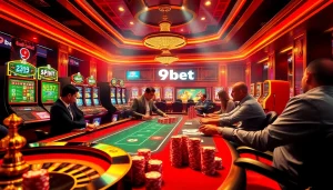 Experience the excitement of high-stakes gameplay at 9bet's luxurious casino, featuring poker tables and slot machines.