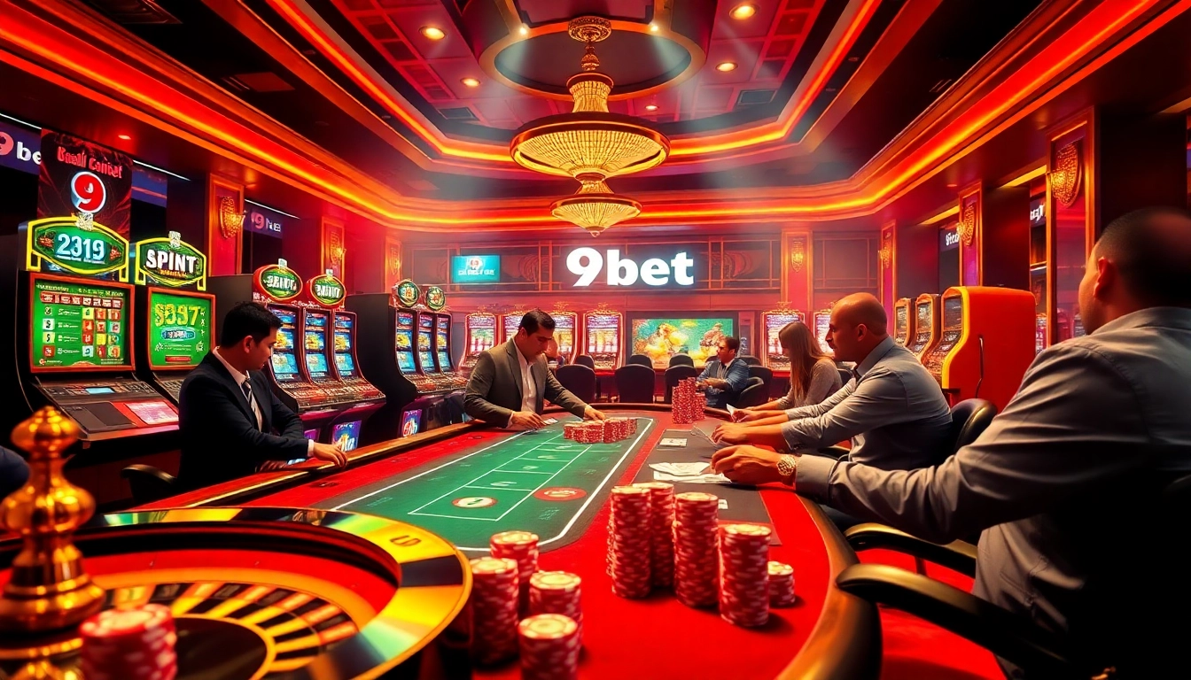 Experience the excitement of high-stakes gameplay at 9bet's luxurious casino, featuring poker tables and slot machines.