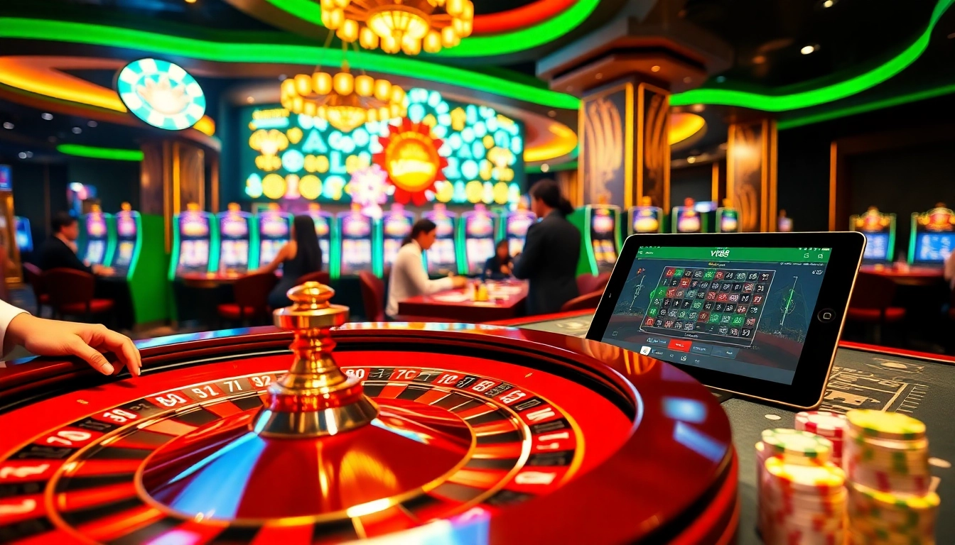 Action-packed casino scene showcasing vt88 with roulette and slot machines for gambling enthusiasts.