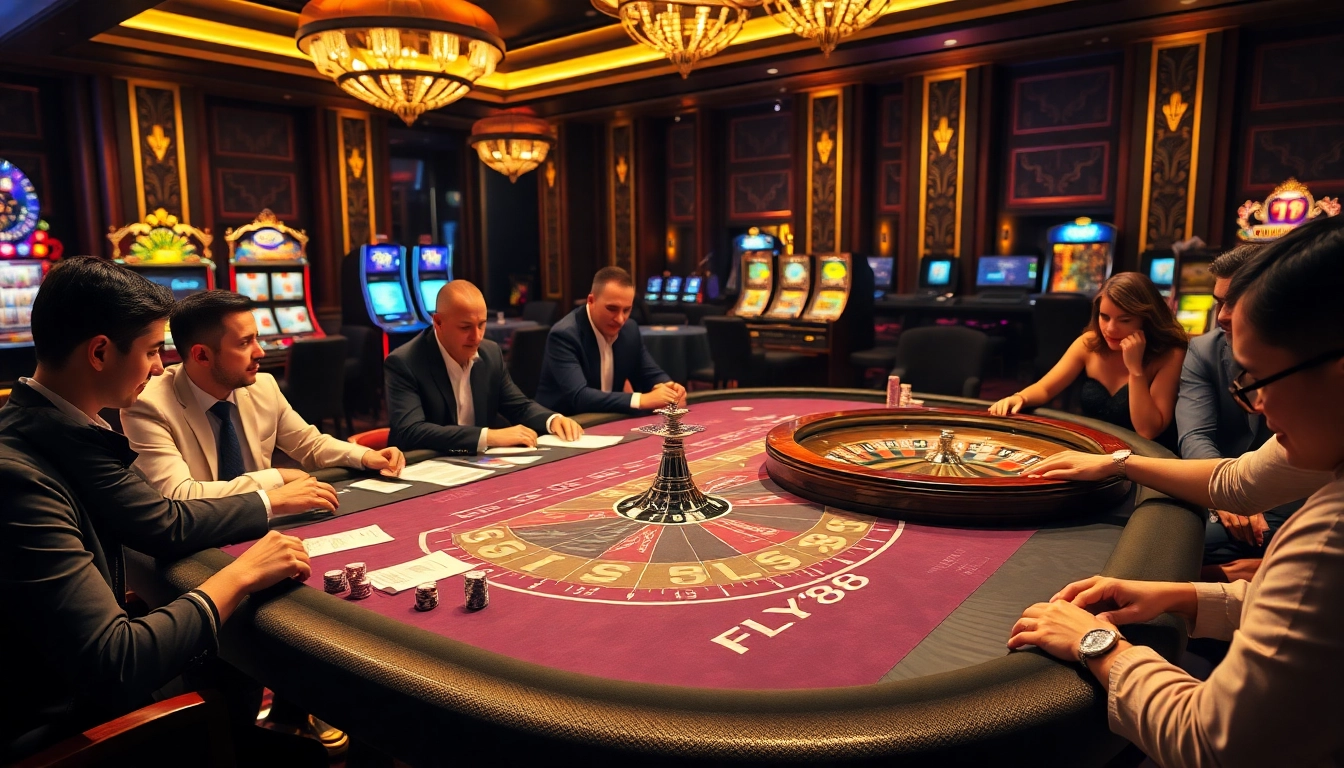 Experience the excitement of FLY88 at a luxurious casino gaming table with vibrant decor and eager players.