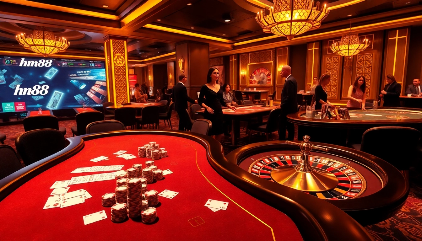 Poker table filled with chips and cards in a luxurious casino setting featuring hm88 branding.
