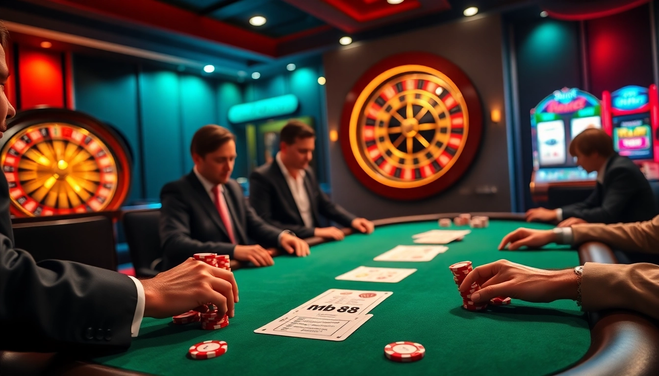 Excited players strategizing their bets with mb 88 chips at a luxurious casino poker table.