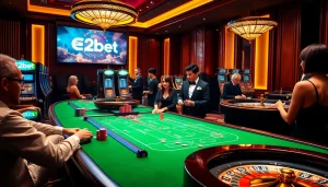 E2bet gaming scene with casino tables, poker chips, and slot machines, embodying excitement.