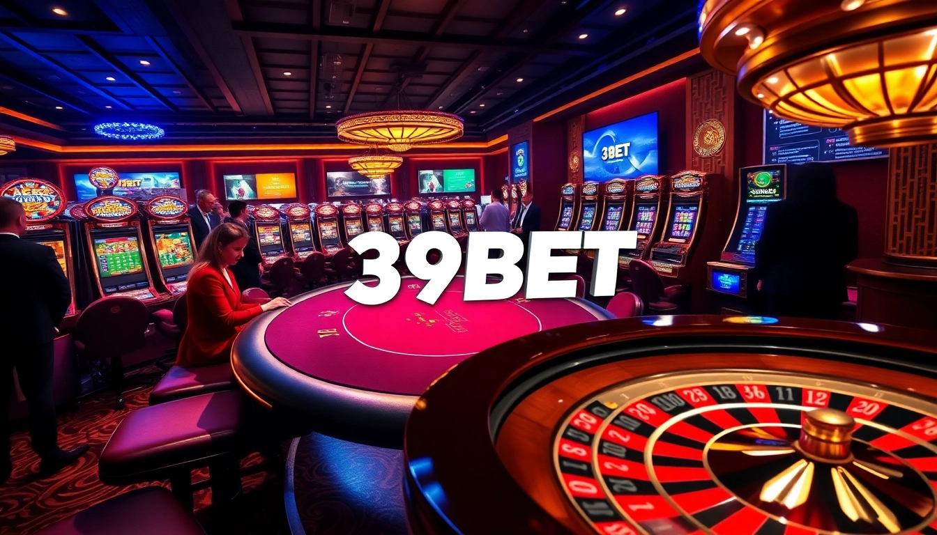 Experience the excitement of 39BET with vibrant casino visuals showing poker tables and roulette.