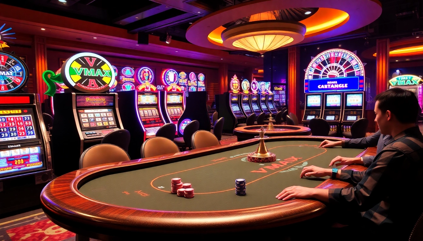 VMAX-themed poker table immersed in a lively casino atmosphere with slot machines and vibrant action.
