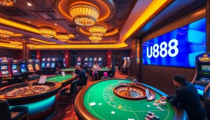 Dynamic casino scene showcasing u888 logo with high-stakes poker and roulette action.