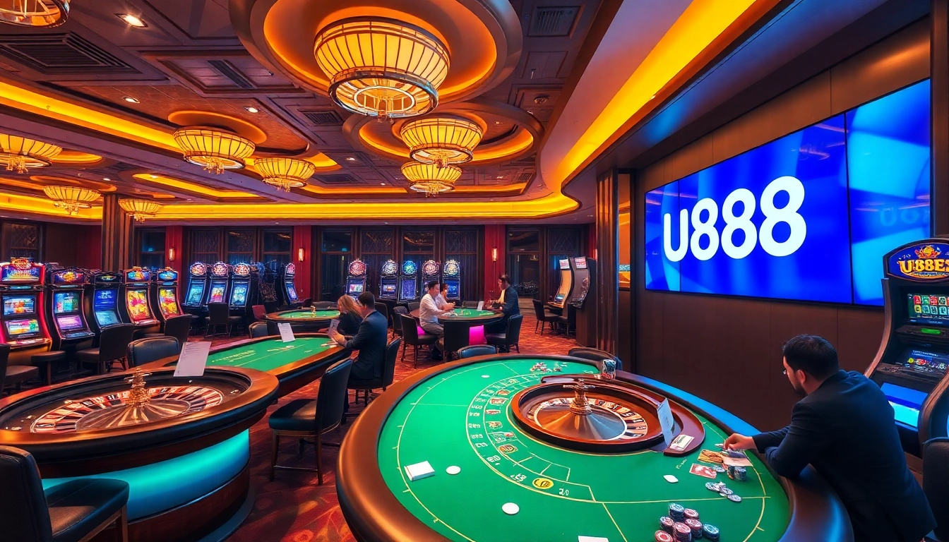 Dynamic casino scene showcasing u888 logo with high-stakes poker and roulette action.
