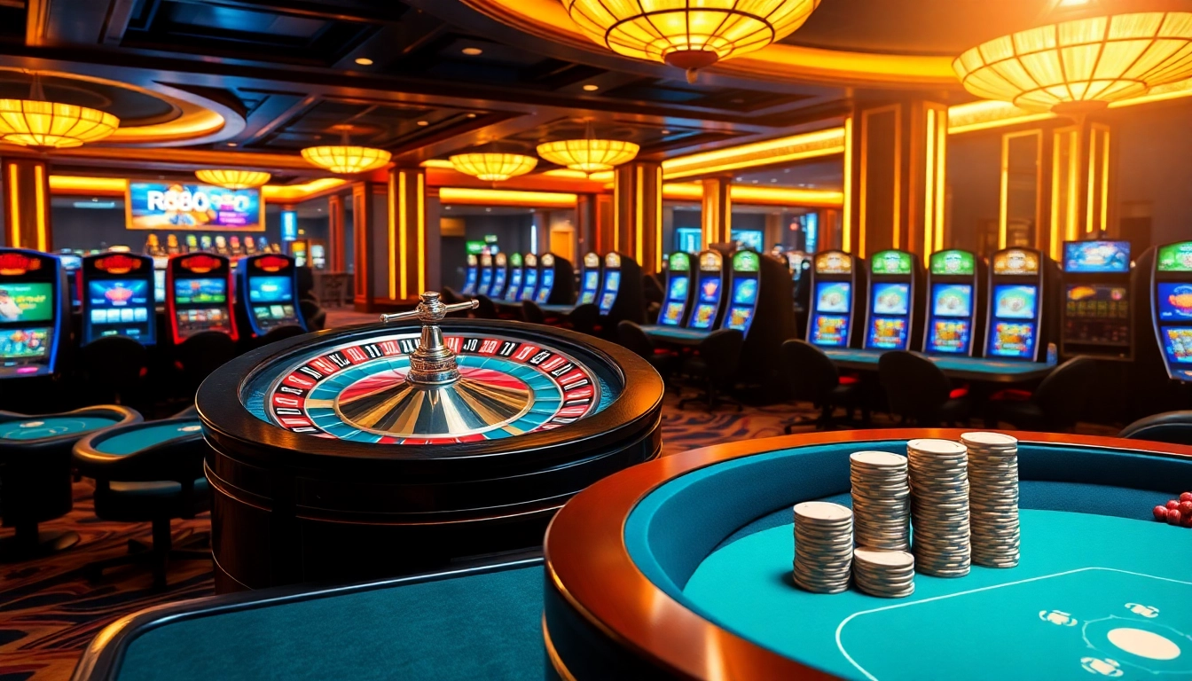 Experience RR88's luxury casino environment featuring roulette, poker, and slot machines.