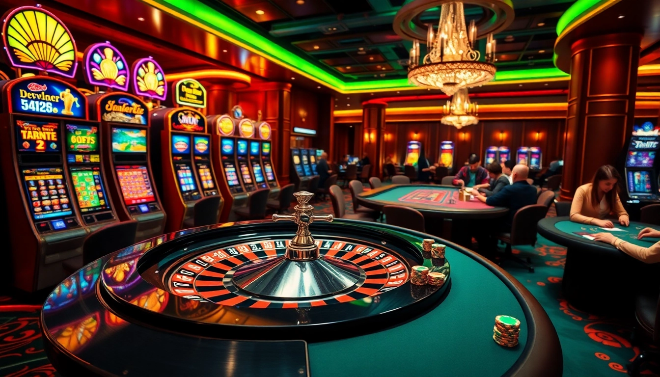 Players enjoying high-stakes gaming at F 168 casino tables, surrounded by vibrant slot machines.