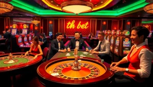 A dynamic casino gaming scene highlighting tha bet with players at roulette and poker tables, vibrant slot machines, and intense betting action.