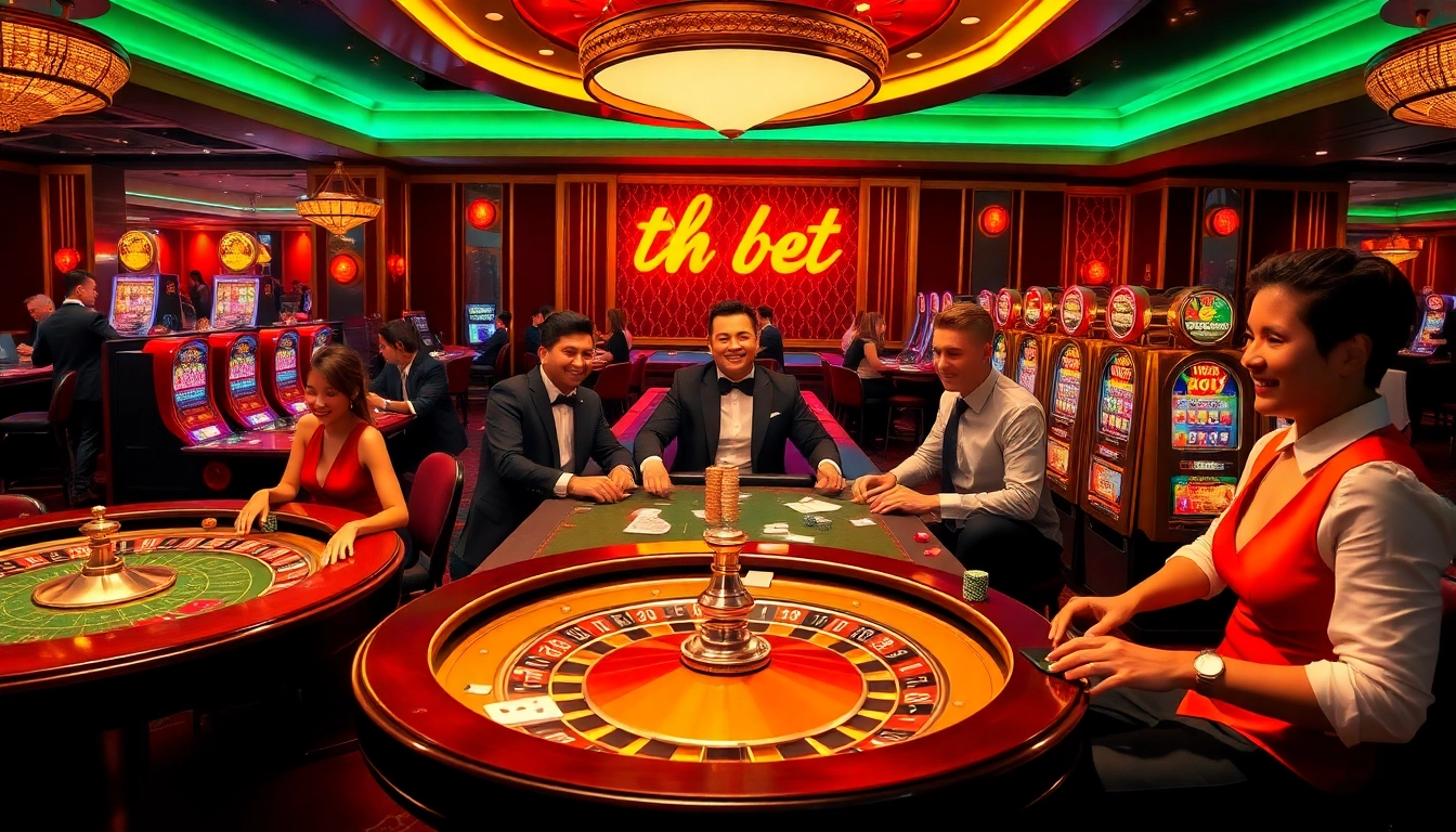 A dynamic casino gaming scene highlighting tha bet with players at roulette and poker tables, vibrant slot machines, and intense betting action.