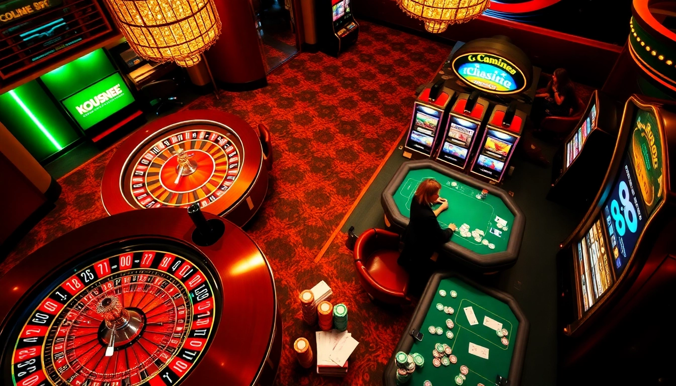 Engaged players at 88i poker tables surrounded by vibrant casino energy and flashing slot machines.